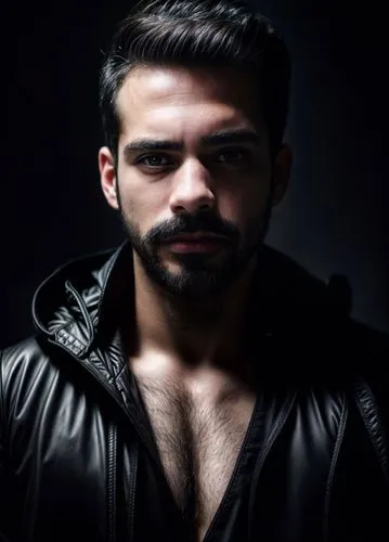 very handsome man with a beard and moustache, dark, luxuriant hair, with chest hair fit, wearing a leather jacket open in a V-shape, posing,social,virat kohli,persian poet,abdel rahman,dark portrait,m