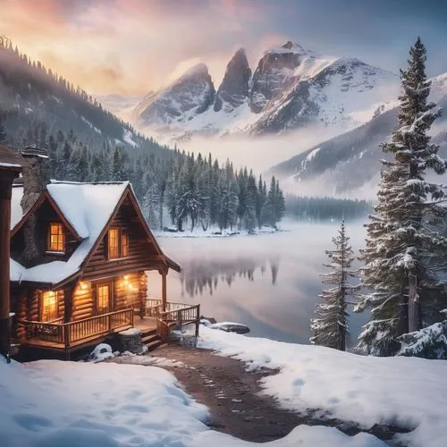 the cabin in the mountains,winter house,emerald lake,log cabin,christmas landscape,house in mountains,house in the mountains,winter landscape,snowy landscape,log home,mountain hut,winter magic,snow house,snow landscape,small cabin,mountain huts,canadian rockies,winter dream,maligne lake,winter morning,Photography,Artistic Photography,Artistic Photography 04