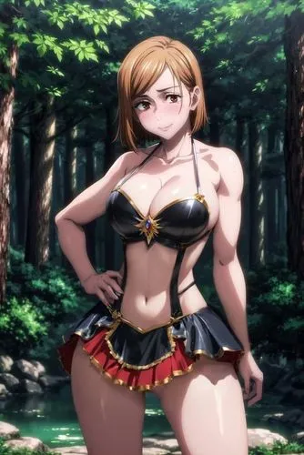 the girl in a costume is posing in the woods,mari,paderina,kaho,kushana,niijima,fraulein