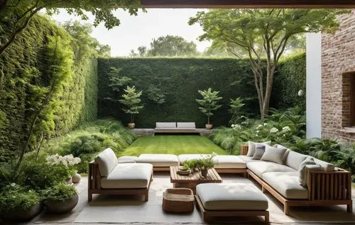 Landscape with rounded shapes, natural texture of moss, hedera and tall trees of the house in the countryside next to the eclectic modern brick house. close up of comfortable teak seating with striped