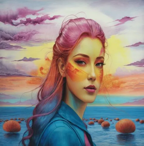 a woman with her long pink hair is looking over water,welin,fantasy portrait,fantasy art,fantasy picture,persephone,margairaz,Illustration,Realistic Fantasy,Realistic Fantasy 25