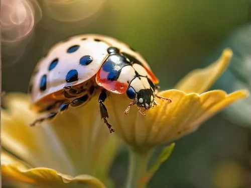 Albino ladybug, delicate wings, vibrant red shell, black spots, golden hair, porcelain skin, gentle smile, green leaves, flower petals, garden, warm sunlight, shallow depth of field, soft focus, natur