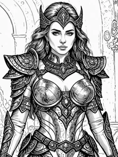 a beautiful girl with a chest and armor,krietor,breastplates,lilandra,yavana,female warrior,kushana,Design Sketch,Design Sketch,Black and white Comic