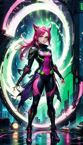 A realistic full-body portrayal of a female superhero, inspired by Blink of the Marvel Comics. She has magenta-pink skin and pointed ears, her bright green eyes standing out. Her costume is a mix of g