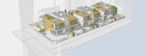 Complete the isometric plan with residential houses and trees, architectural isometric, with different lines, as if it were made of pure vectors, include trees and neighboring houses with less opacity