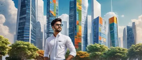 Modern architecture, futuristic building, India, student competition, grand prize winner, solo male/female student, 20-25yo, casual wear, jeans, white shirt, black glasses, holding a scale model, stan