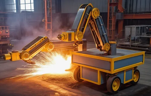 Industrial robots, heavy equipment, furnace robots, furnace environment, welding sparks,yellow machinery,danger overhead crane,forklift piler,steelworker,heavy machinery,steel mill,construction equipm