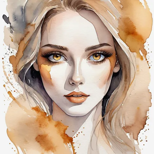 watercolor paint,watercolor,watercolor women accessory,watercolor painting,fashion illustration,coffee watercolor,fantasy portrait,jessamine,watercolors,painted lady,watercolour,illustrator,gold paint strokes,woman face,face portrait,golden eyes,fawn,boho art,watercolor paint strokes,girl portrait,Illustration,Paper based,Paper Based 25