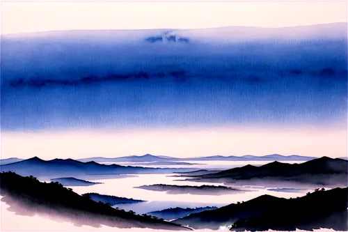 foggy landscape,sea of clouds,japanese mountains,purple landscape,sea of fog,chinese clouds,japan landscape,foggy mountain,mountainous landscape,fog banks,watercolor blue,huangshan maofeng,mountain landscape,cloud mountains,cloud bank,watercolor background,mist,japanese art,wave of fog,mountain scene,Illustration,Paper based,Paper Based 30