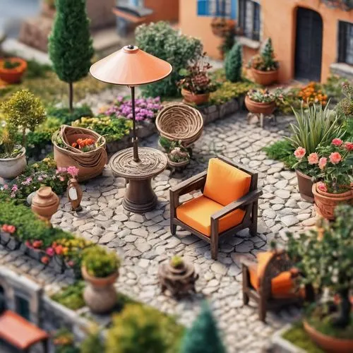 roof garden,climbing garden,roof terrace,roof landscape,garden bench,balcony garden,miniature house,alpine village,tiny world,landscaping,resort town,terracotta flower pot,zen garden,urban park,terracotta,flower shop,3d render,floral corner,marketplace,terrace,Unique,3D,Panoramic