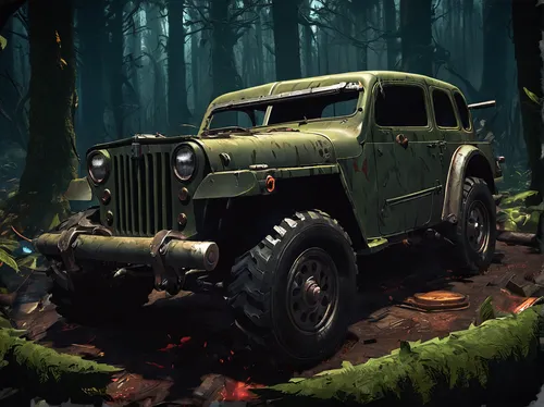 Write a suspenseful scene involving Willys in a dark forest.,dodge power wagon,willys jeep truck,willys jeep,jeep cj,jeep gladiator,willys-overland jeepster,dodge m37,jeep,jeep gladiator rubicon,gaz-5