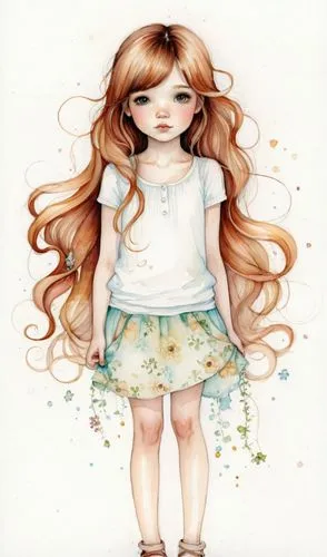 illustration, white background,  cute teenage girl
,a girl with long red hair is standing,watercolor baby items,watercolor floral background,watercolor background,watercolor painting,watercolor women 