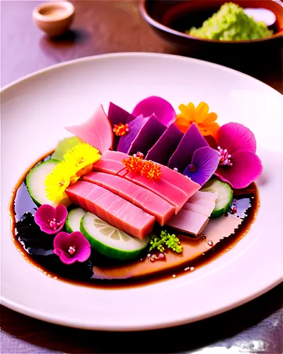 Fresh pez tuna, sashimi style, sliced into thin pieces, garnished with soy sauce, wasabi, pickled ginger, edible flowers, arranged on a white plate, soft focus, shallow depth of field, warm lighting, 