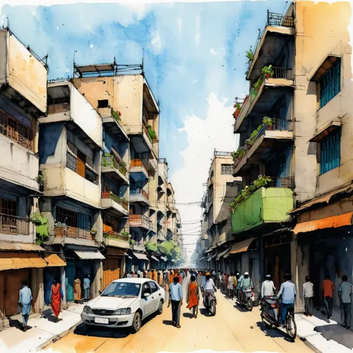 sketch of people in Ahmedabad  street and architecture that showcase urban growth ,mumbai,mombasa,watercolor painting,watercolor sketch,kampala,watercolor,street scene,watercolor shops,nairobi,urbaniz