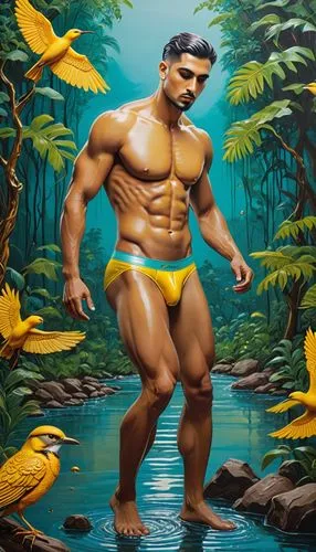 narcissus,tarzan,swimmer,nature and man,merman,gardener,oil on canvas,maspalomas,garden of eden,oil painting on canvas,rio serrano,latino,poseidon,body building,el mar,oil painting,costa rican colon,forest man,macho,merfolk,Art,Artistic Painting,Artistic Painting 37