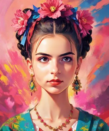 Portrait of Frida kahlo, bright and saturated colors, elegant, highly detailed, vogue, fashion magazine, sharp focus, Bright expressive makeup, Dramatic Lighting, Depth of field, Incredibly high detai