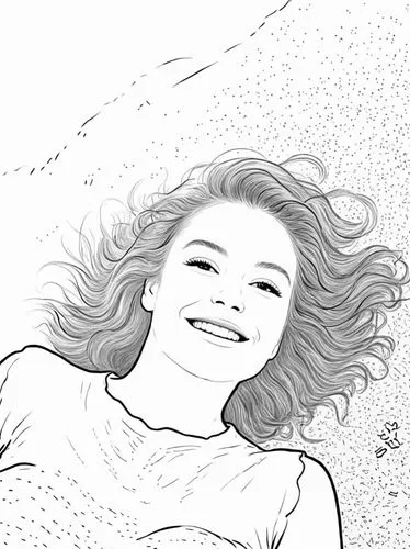 a woman with curly hair smiles and smiles at the camera,comic halftone woman,coloring page,digital drawing,rotoscoped,coreldraw,girl on the dune,Design Sketch,Design Sketch,Rough Outline