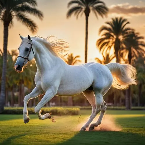 A purebred white Arabian horse, leaping on two feet, neighing in a park full of palm trees at sunset, blue sky and scattered clouds, very realistic image, intricate details, blue, green and red neon e