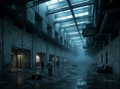 deakins,cold room,corridors,industrial hall,warehouse,cryengine,empty factory,penumbra,arkham,dishonored,shadowrun,concept art,the morgue,reformatory,sanatoriums,factory hall,undercity,asylum,cellblock,alchemax