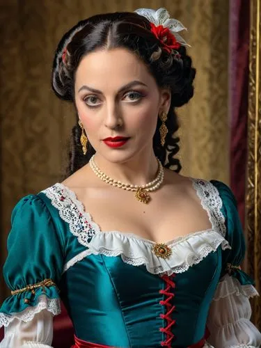 A high resolution photo Portrait of Lola Montez,the woman in green and white is wearing a red dress,victorian lady,gitana,musetta,esmeralda,oreiro,lucrezia,Photography,General,Realistic