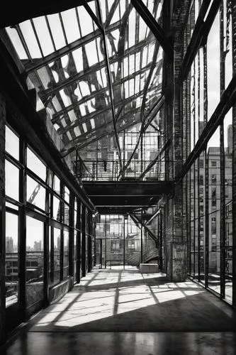 structural glass,atrium,glass building,atriums,javits,carreau,skyways,glass facades,glass facade,glass roof,skywalks,lingotto,structure silhouette,zollverein,industrial hall,skybridge,glasshouses,steelwork,crossbeams,bobst,Illustration,Black and White,Black and White 11