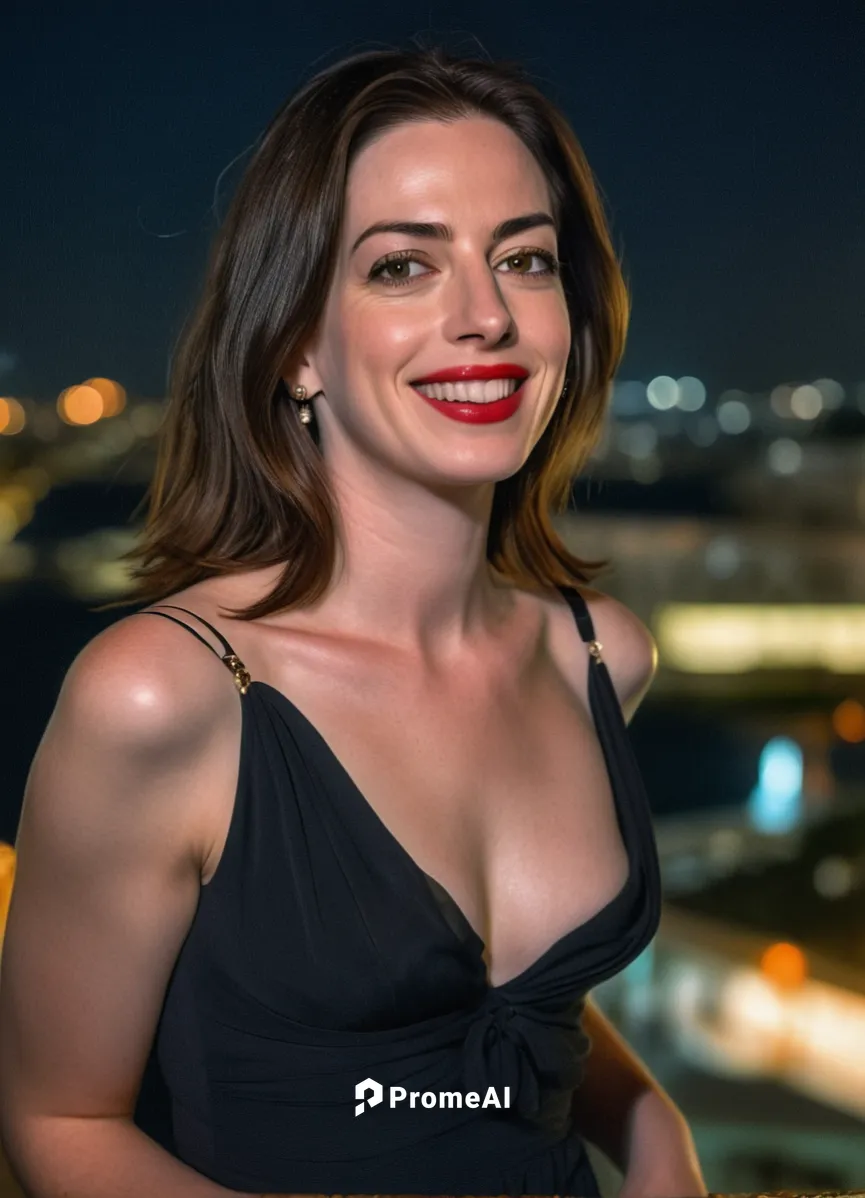 a portrait half body of a beautiful Anne Hathaway 30 years old, smiling, red lips, black hair wearing a black dress in a balcony front to sea in miami in the night as background in 4k,social,haifa,hol