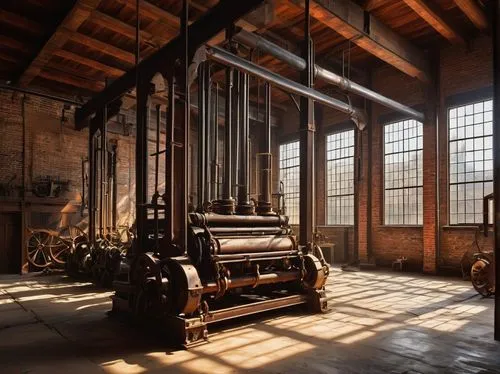 Integrity, architectural, millwork, industrial-style building, old wooden beams, rusty metal frames, large glass windows, natural light pouring in, brick walls, stone foundation, intricate carvings, w