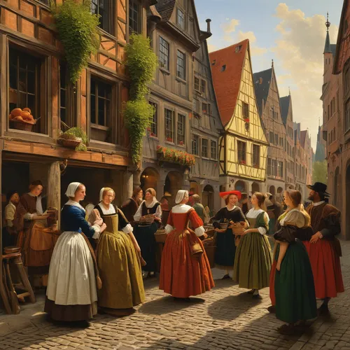 bremen town musicians,street musicians,street scene,medieval market,medieval street,bremen,bamberg,pilgrims,the pied piper of hamelin,carolers,woman shopping,luneburg,schutzfest,colmar,bougereau,kefermarkt,celebration of witches,alsace,marketplace,flemish,Art,Classical Oil Painting,Classical Oil Painting 41