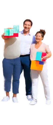 Happy Father's Day, smiling face, white shirt, casual pants, holding gift box, surrounded by family members, warm sunlight, shallow depth of field, 3/4 composition, soft focus on background, bright co