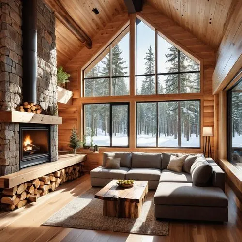 "Cozy log cabin interior featuring square CLT (cross-laminated timber) logs. The room has a rustic yet modern aesthetic, with natural wood walls showcasing the smooth, clean lines of square timber bea