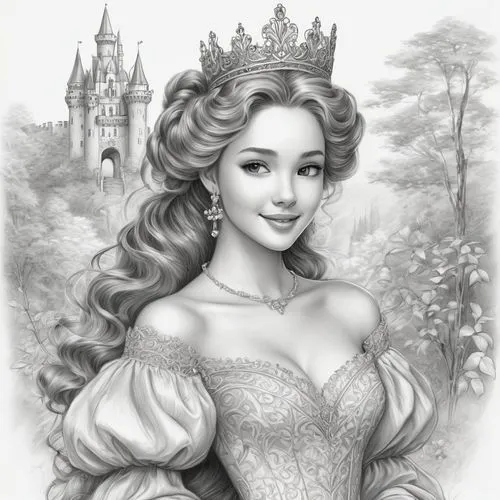 fairy tale character,rapunzel,princess sofia,white rose snow queen,the snow queen,gothel,Illustration,Black and White,Black and White 30