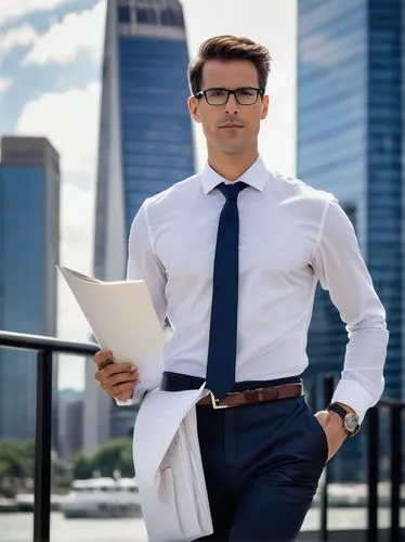 Male, mature architect, stylish glasses, short brown hair, stubble, formal attire, white shirt, black tie, dark blue suit, black leather belt, polished black dress shoes, holding a large portfolio, st