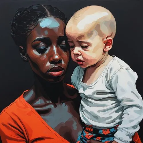 oil painting on canvas,motherless,colorism,hyperrealism,maternal,oil on canvas,Illustration,Paper based,Paper Based 19