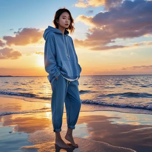 masterpiece, highest quality, movie stills, 1 girl, baggy hoodie、７cropped pants、denim、Sky reflected on the sea surface、mirror-like water surface、Reflective water surface、I can see the ankle、Barefoot、S