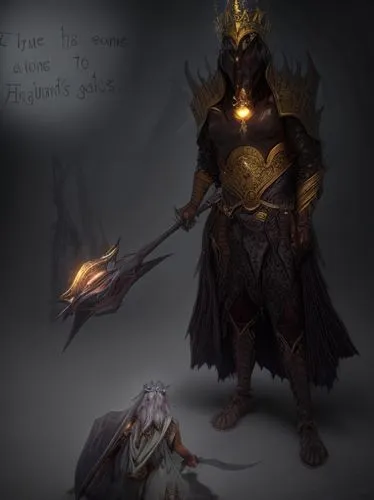 the big person is a male, the big guy has a dark pointed crown with 3 bright diamond like gems,bronze horseman,paladin,magistrate,torchlight,nördlinger ries,light bearer,aesulapian staff,dwarf sundhei