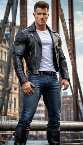 Aaron, muscular man, mature adult, strong facial features, short brown hair, no glasses, casual wear, black leather jacket, white T-shirt, dark blue jeans, industrial boots, holding architectural mode