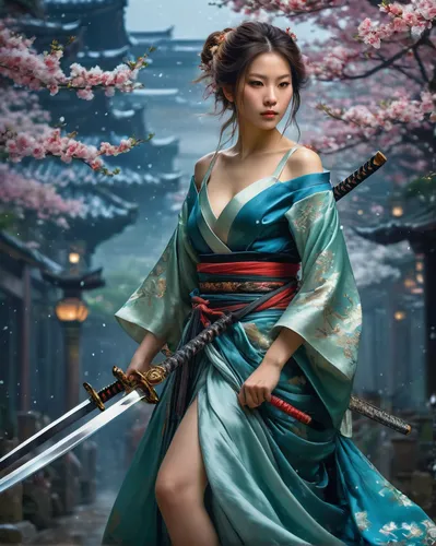 beautiful girls with katana,geisha,katana,samurai fighter,samurai,japanese art,japanese woman,swordswoman,mulan,japanese sakura background,female warrior,geisha girl,oriental princess,hanbok,warrior woman,plum blossoms,japanese martial arts,mukimono,yi sun sin,plum blossom,Conceptual Art,Fantasy,Fantasy 05