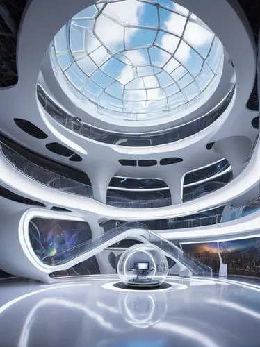 spaceship interior,ufo interior,futuristic art museum,futuristic architecture,arcology,sky space concept,cochere,cyberview,revolving light,stereocenter,atrium,blavatnik,centrifugal,graecorum,primosphere,spiralling,musical dome,stereographic,fractal lights,torus,Illustration,Paper based,Paper Based 29