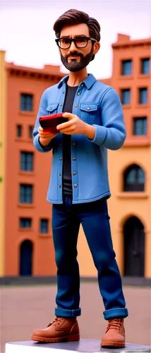 Film director, mature man, solo, (40yo), glasses, short beard, messy hair, casual wear, denim shirt, black jeans, boots, holding camera, standing, confident pose, cityscape background blurred, cinemat