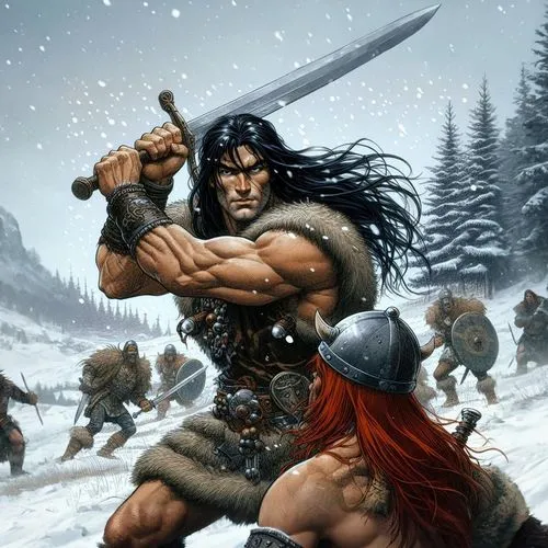 Um bárbaro empunhando uma espada contra um guerreiro ruivo em uma colina cheia de neve.,barbarian,gotrek,berserkers,beorn,norsemen,manowar,beastmen,warrior and orc,northmen,crom,rastan,zartan,khal,hyb