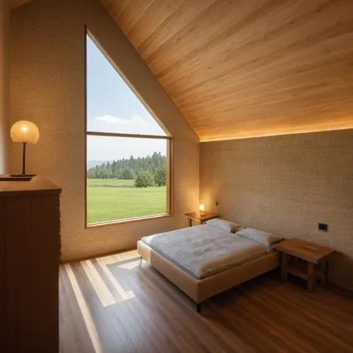 habitacion principal de una casa ubicada en el campo, tiene un estilo rústico y cálido, cuenta con iluminacion natural que entra por la gran ventana que tiene y ademas tambien tiene iluminacion artifi