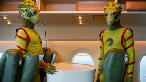 A photo of two aliens in an airplane with a distinctly reptilian appearance, their mottled green and brown skin giving them a chameleon-like camouflage effect. Their faces are unsettling, with dark, m