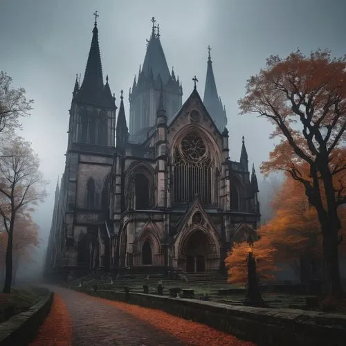 haunted cathedral,gothic church,nidaros cathedral,gothic style,neogothic,gothic,black church,the black church,cathedral,cathedrals,dark gothic mood,ravenloft,autumn fog,ghost castle,ecclesiastical,gothicus,ecclesiatical,sunken church,ecclesiastic,dracula's birthplace,Conceptual Art,Fantasy,Fantasy 32