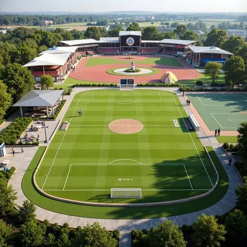 Vibrant sports complex, lush green grass, modern athletic tracks, soccer fields, basketball courts, tennis courts, stadium seating, vibrant color schemes, dynamic architectural forms, curved lines, ca