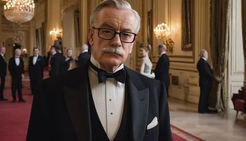 Alfred Pennyworth, butler, standing, formal wear, white gloves, black suit, vest, bow tie, slicked back hair, glasses, mustache, proud expression, London, Buckingham Palace, grand staircase, luxurious