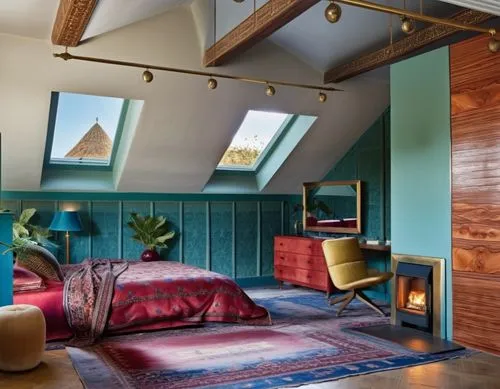 a room with skylights, bed, rug and wooden furniture,loft,mid century house,mid century modern,inverted cottage,loftily,wooden beams,Photography,General,Realistic