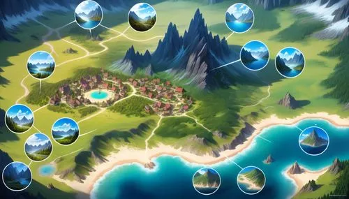 an image of the island with different things,map icon,summoners,conquests,krosby,geysers,crown icons,Anime,Anime,General