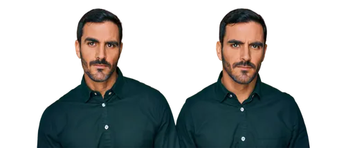 Man, mature, solo, strong facial features, dark skin, short black hair, thick eyebrows, mustache, beard, serious expression, intense gaze, sharp jawline, dimple on chin, 3/4 composition, soft box ligh