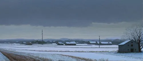 기차에서 바라본 시골 겨울 배경,a painting of a snow covered landscape of a village and road,rheaume,blanchfield,winter landscape,sternfeld,cornwell,burchfield,Conceptual Art,Daily,Daily 30