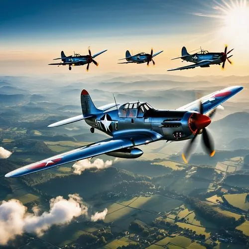 A captivating 3D render of a NAA P-51 Mustang WW II piston fighter aircraft with dull silver fuselage, mid-blue wings and red tail is flying 500 m above a group of Boeing B-17 U.S. WW II bombers on a 